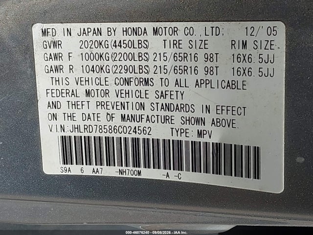 46076240 :رقم المزاد ، JHLRD78586C024562 vin ، 2006 Honda Cr-v Lx مزاد بيع