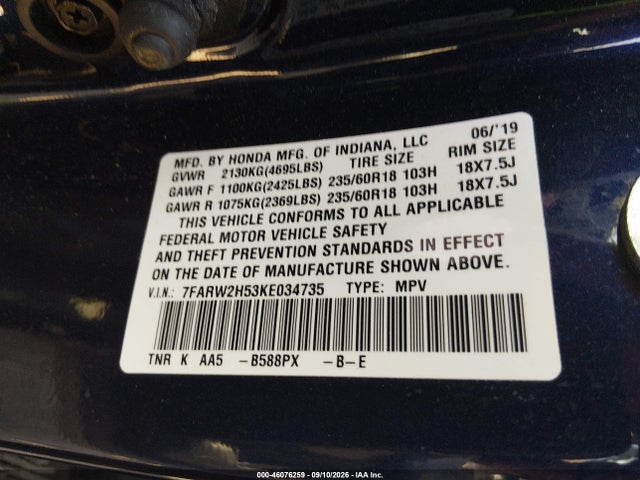 Продаж на аукціоні авто 2019 Honda Cr-v Ex, vin: 7FARW2H53KE034735, номер лоту: 46076259