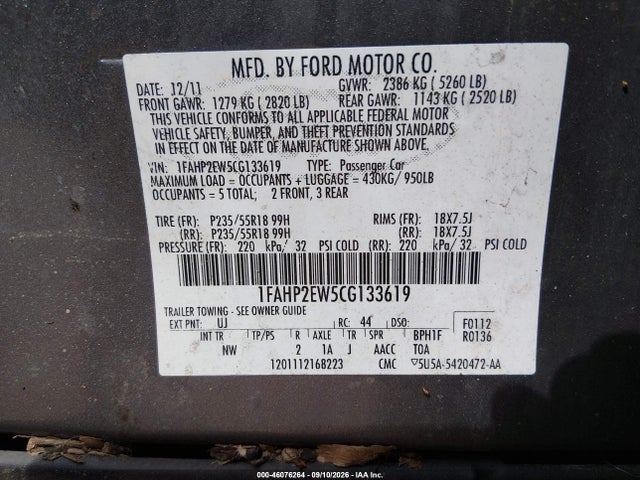Продажа на аукционе авто 2012 Ford Taurus Sel, vin: 1FAHP2EW5CG133619, номер лота: 46076264