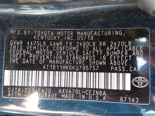 2019 Toyota Camry Le მანქანა იყიდება აუქციონზე, vin: 4T1B11HK6KU795757, აუქციონის ნომერი: 46076267