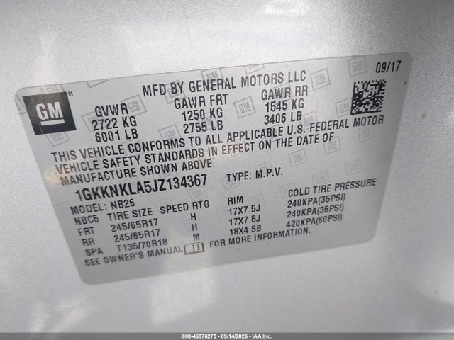 Auction sale of the 2018 Gmc Acadia Sle-1, vin: 1GKKNKLA5JZ134367, lot number: 46076270