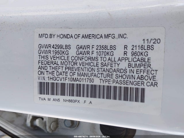 Продажа на аукционе авто 2021 Honda Accord Lx, vin: 1HGCV1F10MA011750, номер лота: 46076274