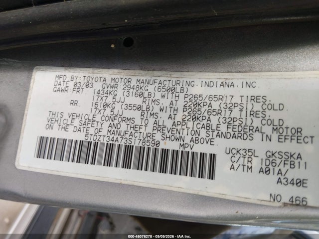 46076278 :رقم المزاد ، 5TDZT34A73S178590 vin ، 2003 Toyota Sequoia Sr5 V8 مزاد بيع