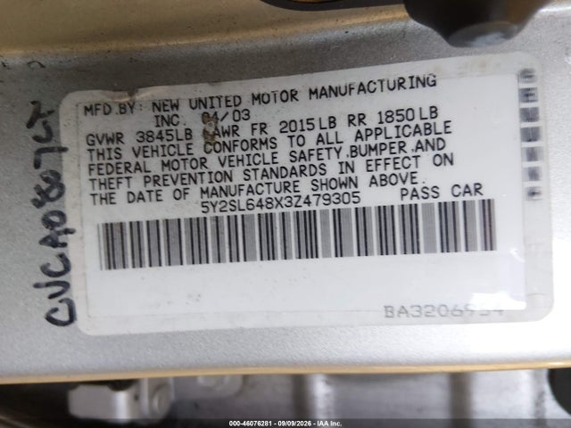 46076281 :رقم المزاد ، 5Y2SL648X3Z479305 vin ، 2003 Pontiac Vibe مزاد بيع