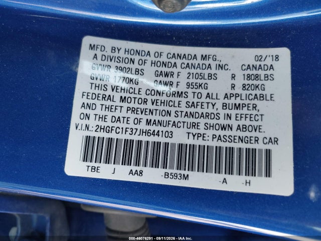 46076291 :رقم المزاد ، 2HGFC1F37JH644103 vin ، 2018 Honda Civic Ex-t مزاد بيع