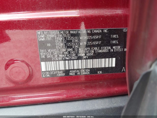 Aukcja sprzedaży 2022 Toyota Rav4 Le, vin: 2T3G1RFV7NW259607, numer aukcji: 46076301