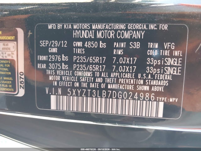 46076326 :رقم المزاد ، 5XYZT3LB7DG024986 vin ، 2013 Hyundai Santa Fe Sport مزاد بيع