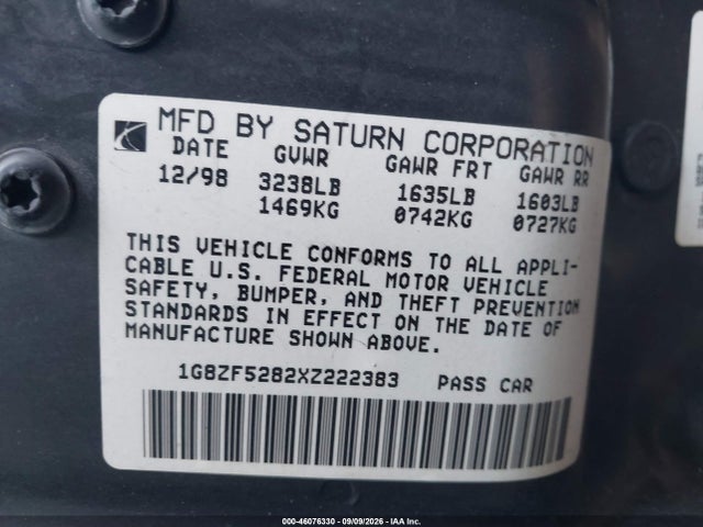 1999 Saturn Sl მანქანა იყიდება აუქციონზე, vin: 1G8ZF5282XZ222383, აუქციონის ნომერი: 46076330