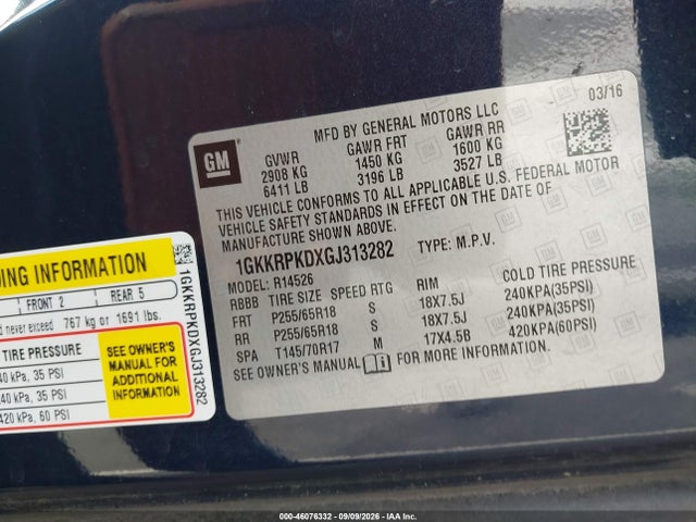 46076332 :رقم المزاد ، 1GKKRPKDXGJ313282 vin ، 2016 Gmc Acadia Sle-2 مزاد بيع