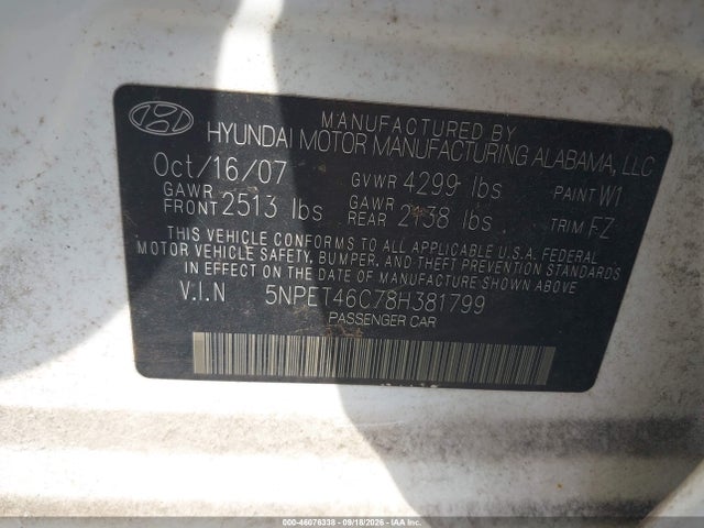 46076338 :رقم المزاد ، 5NPET46C78H381799 vin ، 2008 Hyundai Sonata Gls مزاد بيع