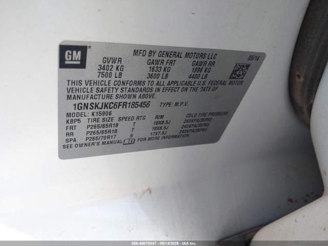 46076347 :رقم المزاد ، 1GNSKJKC6FR185456 vin ، 2015 Chevrolet Suburban 1500 Lt مزاد بيع