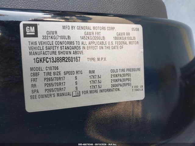 2008 Gmc Yukon Sle მანქანა იყიდება აუქციონზე, vin: 1GKFC13J88R260167, აუქციონის ნომერი: 46076346