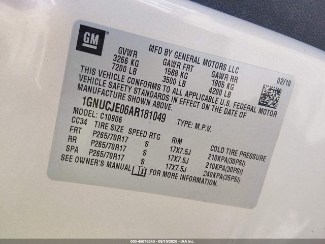 Продажа на аукционе авто 2010 Chevrolet Suburban 1500 Lt1, vin: 1GNUCJE06AR181049, номер лота: 46076349