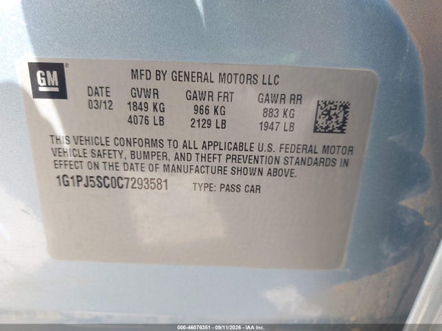 Продажа на аукционе авто 2012 Chevrolet Cruze Eco, vin: 1G1PJ5SC0C7293581, номер лота: 46076351