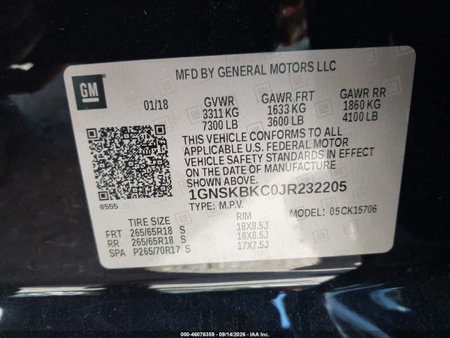 2018 Chevrolet Tahoe Lt მანქანა იყიდება აუქციონზე, vin: 1GNSKBKC0JR232205, აუქციონის ნომერი: 46076359