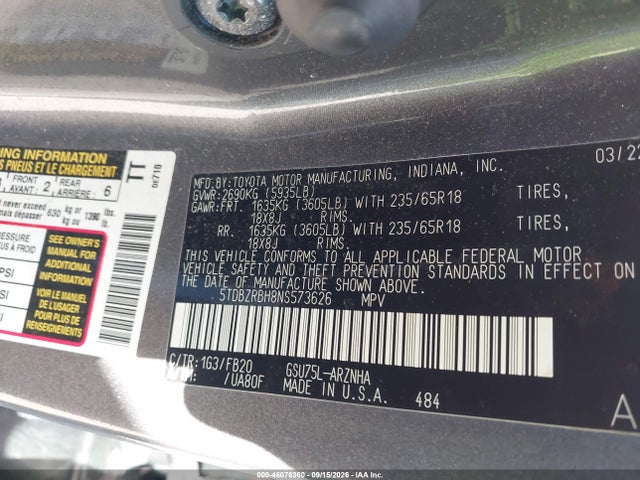 Aukcja sprzedaży 2022 Toyota Highlander Le, vin: 5TDBZRBH8NS573626, numer aukcji: 46076360