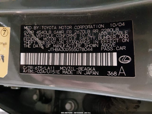 Auction sale of the 2005 Lexus Es 330, vin: JTHBA30G555078044, lot number: 46076368