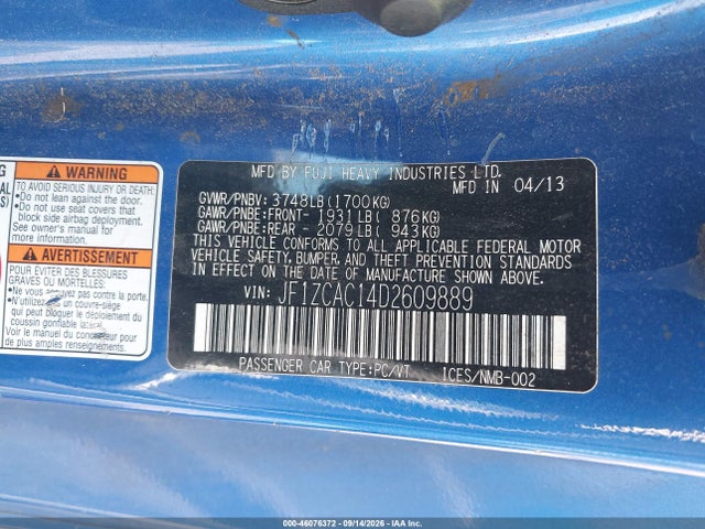 2013 Subaru Brz Limited მანქანა იყიდება აუქციონზე, vin: JF1ZCAC14D2609889, აუქციონის ნომერი: 46076372
