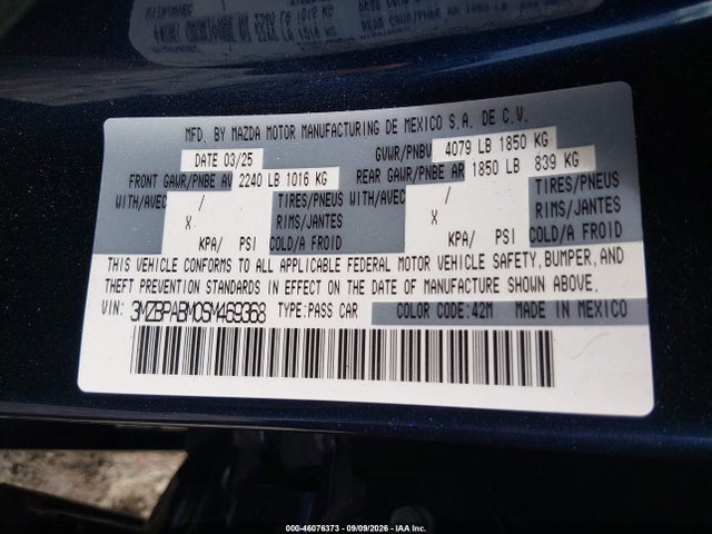 Продаж на аукціоні авто 2025 Mazda Mazda3, vin: 3MZBPABM0SM469368, номер лоту: 46076373