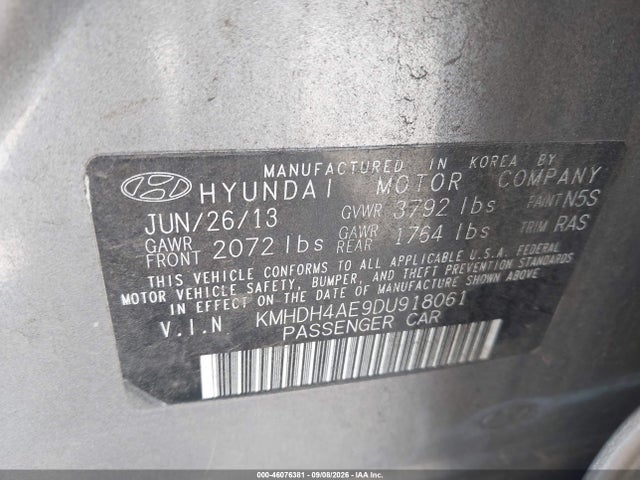 Aukcja sprzedaży 2013 Hyundai Elantra Gls, vin: KMHDH4AE9DU918061, numer aukcji: 46076381