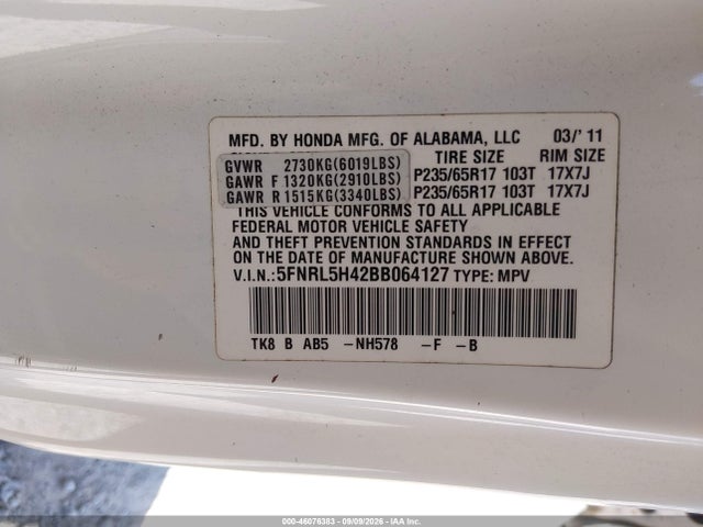 Aukcja sprzedaży 2011 Honda Odyssey Ex, vin: 5FNRL5H42BB064127, numer aukcji: 46076383