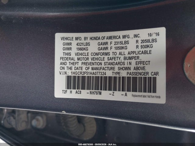 46076388 :رقم المزاد ، 1HGCR2F51HA077324 vin ، 2017 Honda Accord Sport مزاد بيع
