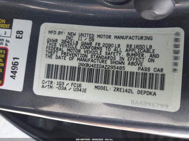 Продаж на аукціоні авто 2010 Toyota Corolla Le, vin: 1NXBU4EE0AZ295485, номер лоту: 46076392