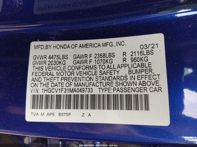 Aukcja sprzedaży 2021 Honda Accord Sport, vin: 1HGCV1F31MA049733, numer aukcji: 46076395