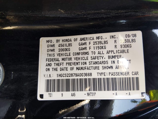 2009 Honda Accord 3.5 Ex-l მანქანა იყიდება აუქციონზე, vin: 1HGCS22879A003668, აუქციონის ნომერი: 46076400