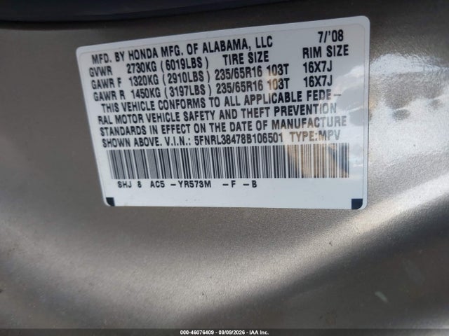 Aukcja sprzedaży 2008 Honda Odyssey Ex, vin: 5FNRL38478B106501, numer aukcji: 46076409