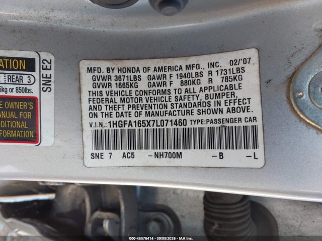 46076414 :رقم المزاد ، 1HGFA165X7L071460 vin ، 2007 Honda Civic Lx مزاد بيع