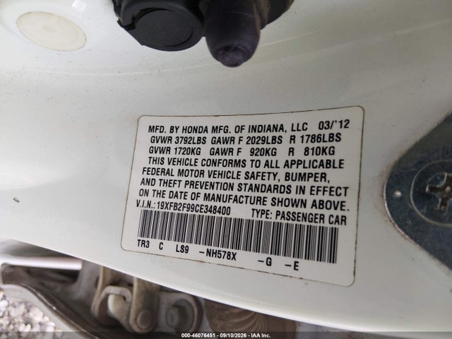 2012 Honda Civic Ex-l მანქანა იყიდება აუქციონზე, vin: 19XFB2F99CE348400, აუქციონის ნომერი: 46076451