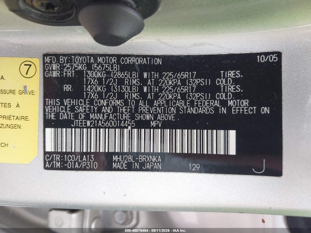 Продаж на аукціоні авто 2006 Toyota Highlander Hybrid Limited V6, vin: JTEEW21A560014455, номер лоту: 46076464