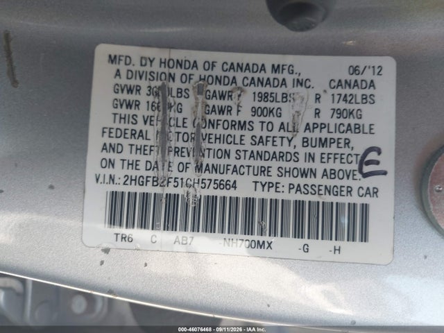 Продажа на аукционе авто 2012 Honda Civic Lx, vin: 2HGFB2F51CH575664, номер лота: 46076468