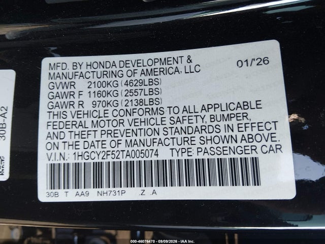 46076470 :رقم المزاد ، 1HGCY2F52TA005074 vin ، 2026 Honda Accord Hybrid Sport مزاد بيع