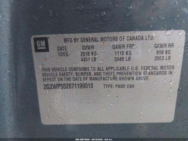 Auction sale of the 2007 Pontiac Grand Prix, vin: 2G2WP552871199010, lot number: 46076495
