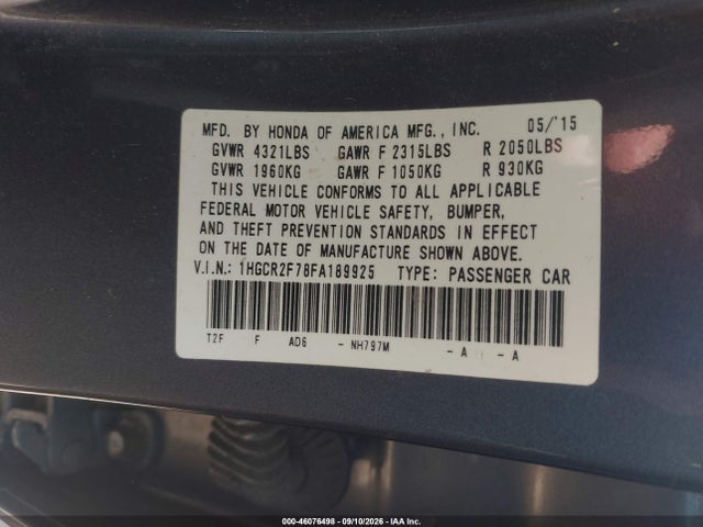 Продаж на аукціоні авто 2015 Honda Accord Ex, vin: 1HGCR2F78FA189925, номер лоту: 46076498