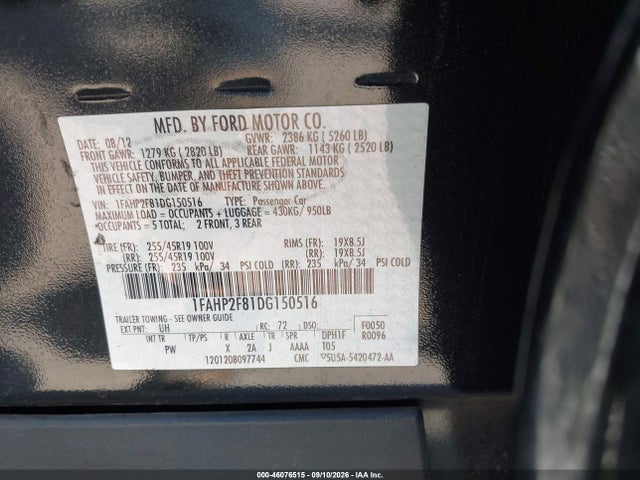 2013 Ford Taurus Limited მანქანა იყიდება აუქციონზე, vin: 1FAHP2F81DG150516, აუქციონის ნომერი: 46076515