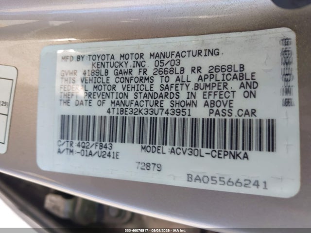 2003 Toyota Camry Le მანქანა იყიდება აუქციონზე, vin: 4T1BE32K33U743951, აუქციონის ნომერი: 46076517