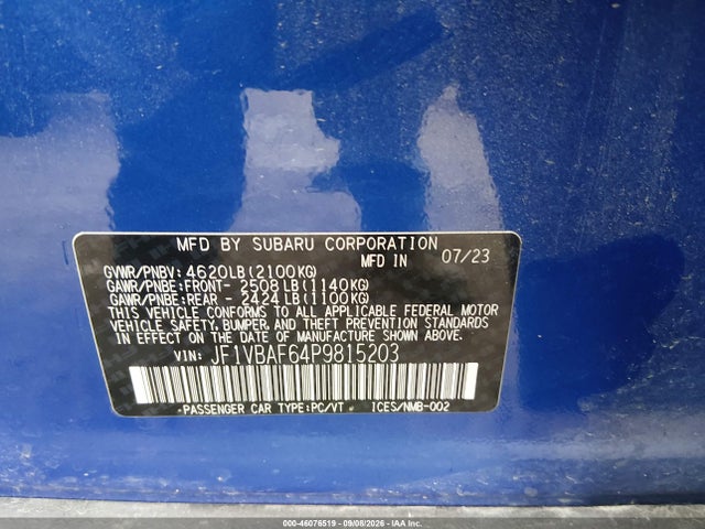 46076519 :رقم المزاد ، JF1VBAF64P9815203 vin ، 2023 Subaru Wrx Premium مزاد بيع