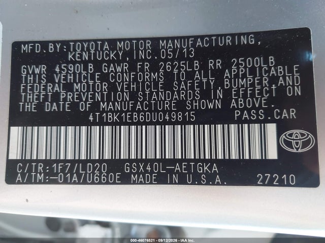 2013 Toyota Avalon Xle მანქანა იყიდება აუქციონზე, vin: 4T1BK1EB6DU049815, აუქციონის ნომერი: 46076521