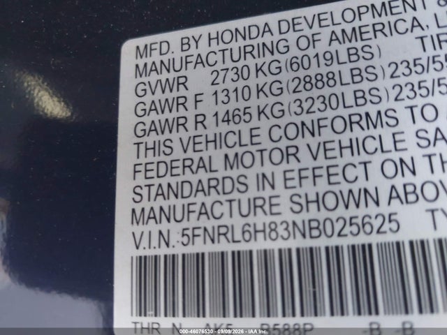 2022 Honda Odyssey Touring მანქანა იყიდება აუქციონზე, vin: 5FNRL6H83NB025625, აუქციონის ნომერი: 46076530