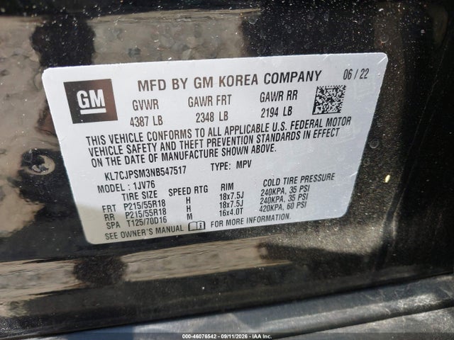46076542 :رقم المزاد ، KL7CJPSM3NB547517 vin ، 2022 Chevrolet Trax Awd Lt مزاد بيع