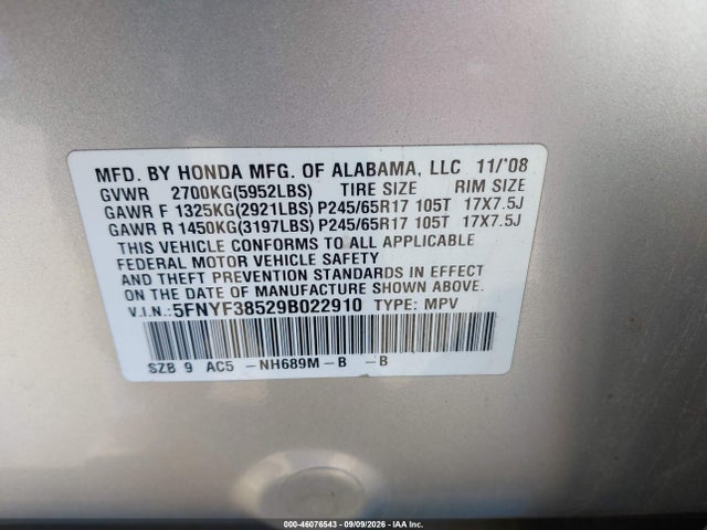 Aukcja sprzedaży 2009 Honda Pilot Ex-l, vin: 5FNYF38529B022910, numer aukcji: 46076543
