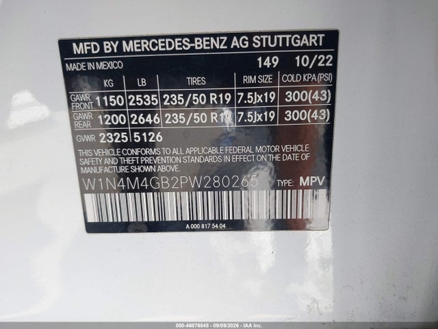 Aukcja sprzedaży 2023 Mercedes-benz Glb 250, vin: W1N4M4GB2PW280265, numer aukcji: 46076545