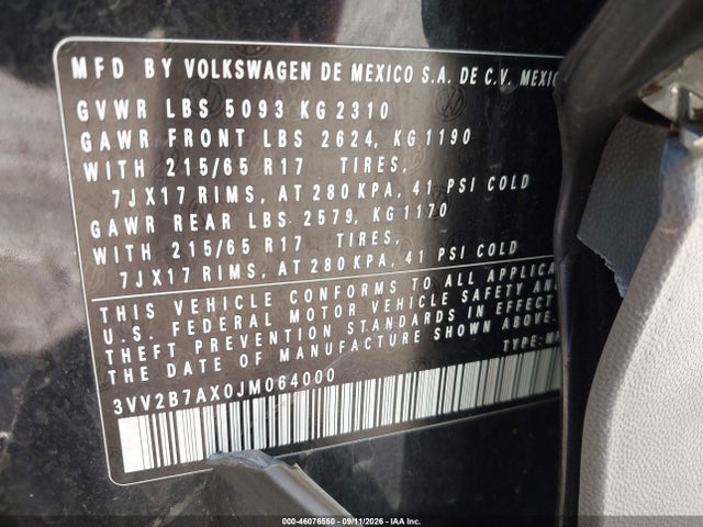 Aukcja sprzedaży 2018 Volkswagen Tiguan 2.0t Se/2.0t Sel, vin: 3VV2B7AX0JM064000, numer aukcji: 46076550