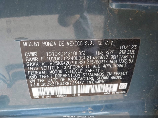 Продажа на аукционе авто 2024 Honda Hr-v 2wd Lx, vin: 3CZRZ1H33RM726487, номер лота: 46076579