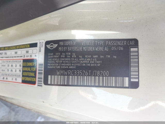 2006 Mini Cooper მანქანა იყიდება აუქციონზე, vin: WMWRC33526TJ78200, აუქციონის ნომერი: 46076581