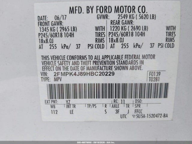 2017 Ford Edge Sel მანქანა იყიდება აუქციონზე, vin: 2FMPK4J89HBC20229, აუქციონის ნომერი: 46076588