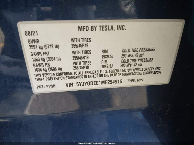 46076597 :رقم المزاد ، 5YJYGDEE1MF254916 vin ، 2021 Tesla Model Y Long Range Dual Motor All-wheel Drive مزاد بيع